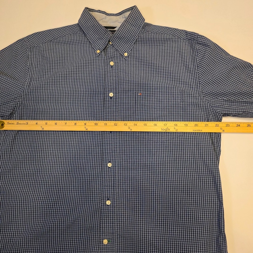 Tommy Hilfiger Mens Blue White Micro Check Cotton Button Down Shirt Large L - Picture 6 of 8